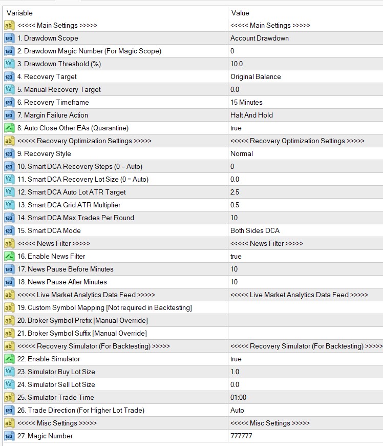 Frz recovery EA settings