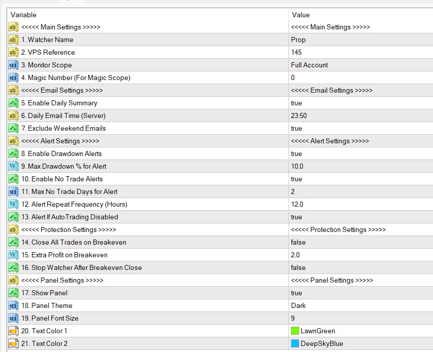 FRZ Account Watcher input settings