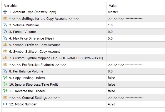 FRZ Local Trade Copier User Inputs
