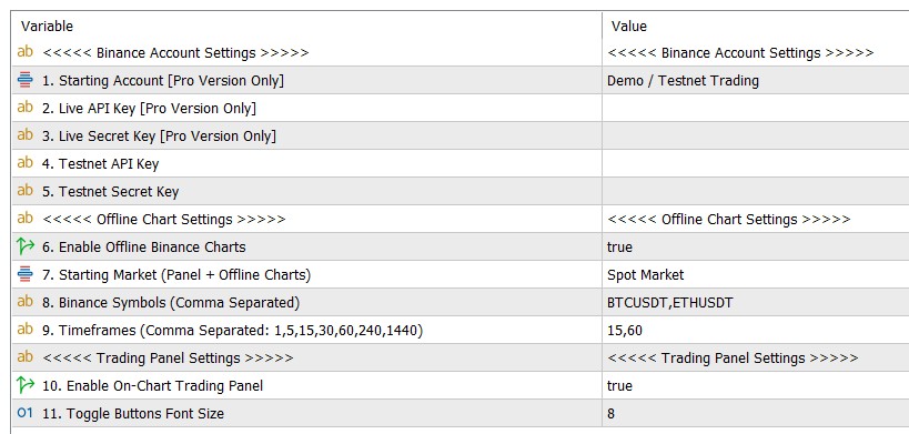 FRZ Meta Binance Trader input settings